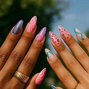 Customer wearing a custom mix-and-match press-on nail set